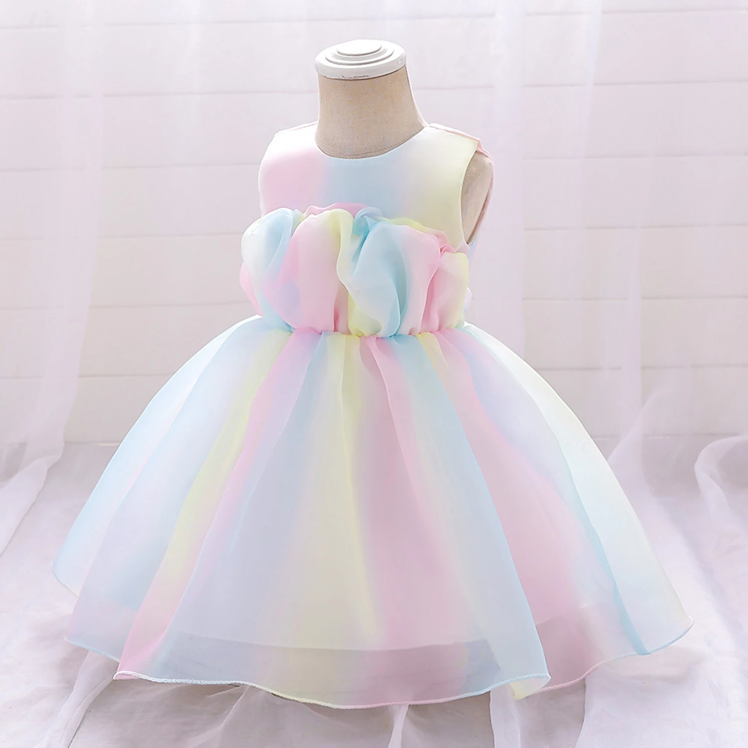 Michella Fashion Toddler Baby Ruffled Rainbow Soft Tulle Birthday Party Pageant Photography Dress