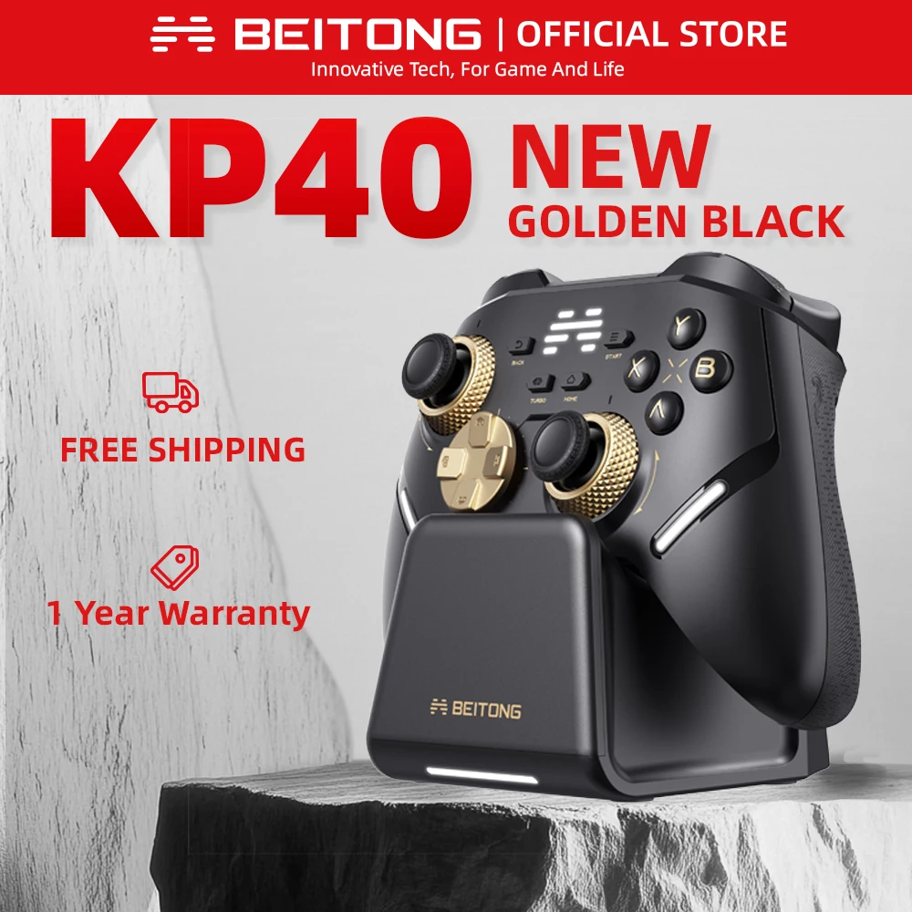 وحدة تحكم لاسلكية BEITONG KP40 باللون الأسود الذهبي للكمبيوتر/Switch/iOS/Android/Steam، عصا تحكم TMR قابلة للتعديل، مشغل TMR