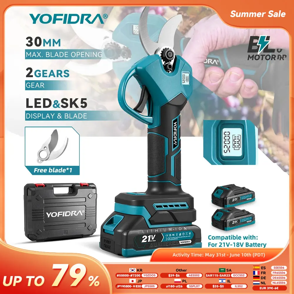 Sécateur électrique sans fil YOFIDRA 30 mm, 2 vitesses, rechargeable, pour jardinage et bonsaï, compatible avec batterie Makita 21 V.