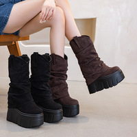 5 Inch 14cm 2025 Stretch Boots Short Ankle Boots for Women Knee High Platform Booties Wedge Heel Hidden Botas Autumn Winter