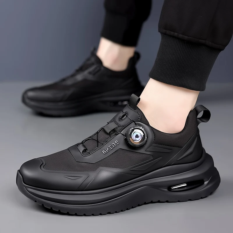Rotating Buckle Lightweight Air-Cushioned Sports Casual Shoes, Thick-Soled Dad Shoes, Black Upper, Breathable Mesh Fabric, Rubber Protective Edges on the Sides of the Shoe Toe