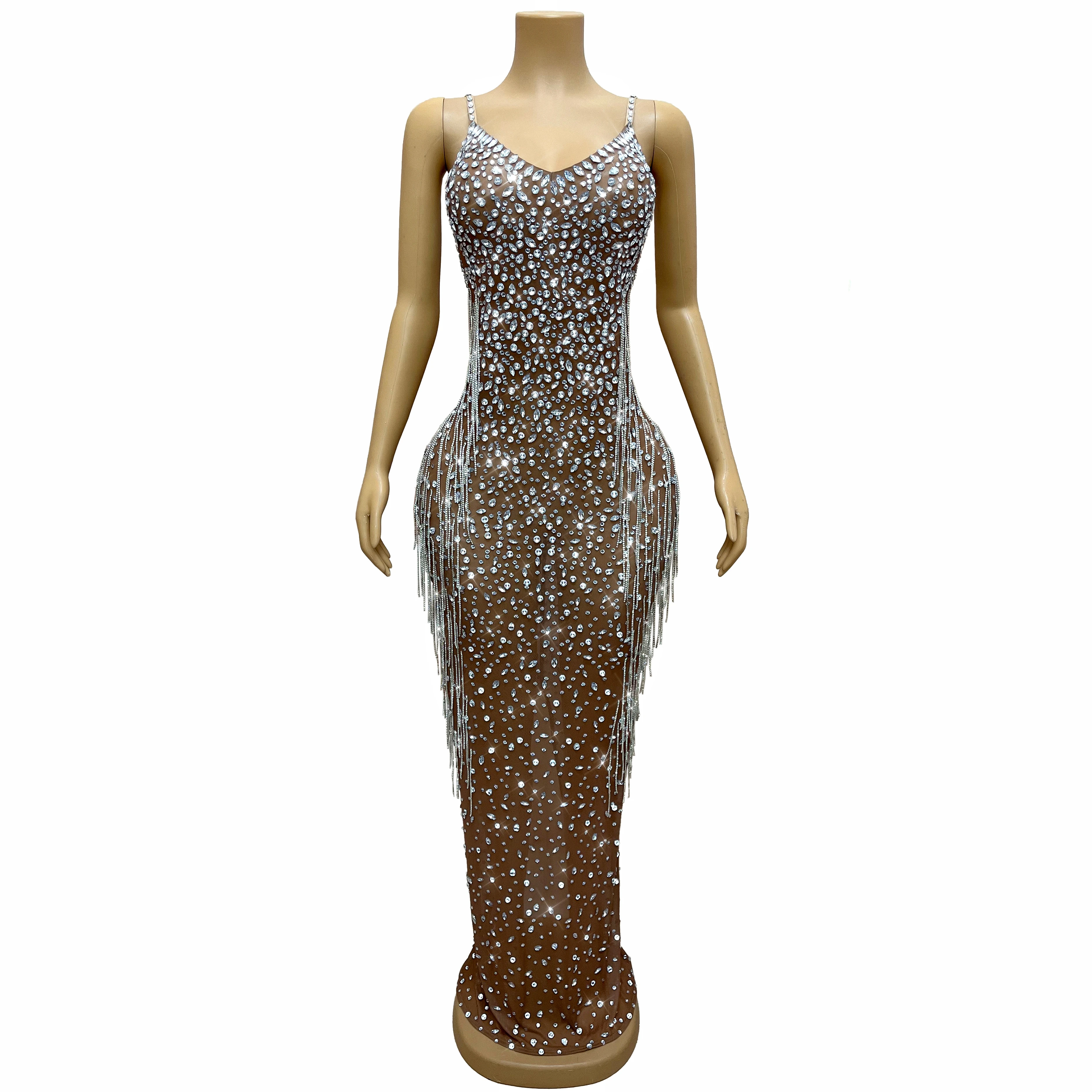 

Luxury Handmade Shining Rhinestones Crystals chains Mesh Suspenders Dress Women Party Evening Gown Red carpet Show Outfit Xingqi