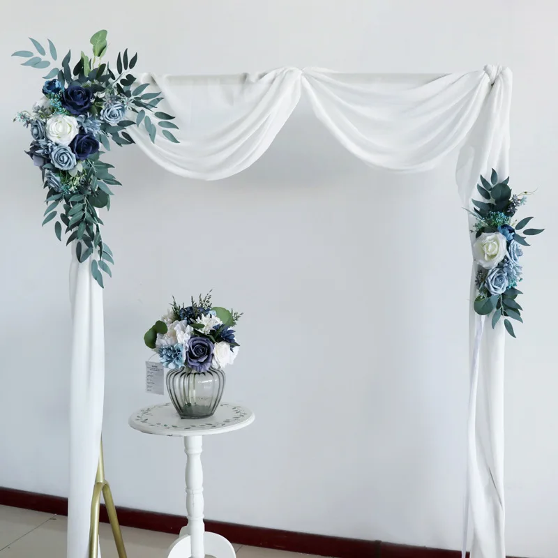 

2pcs Set Blue Wedding Arch Backdrop Decor Welcome Sign Artificial Rose Corner Flowers Wall Hanging Flower Row Arrangement Party