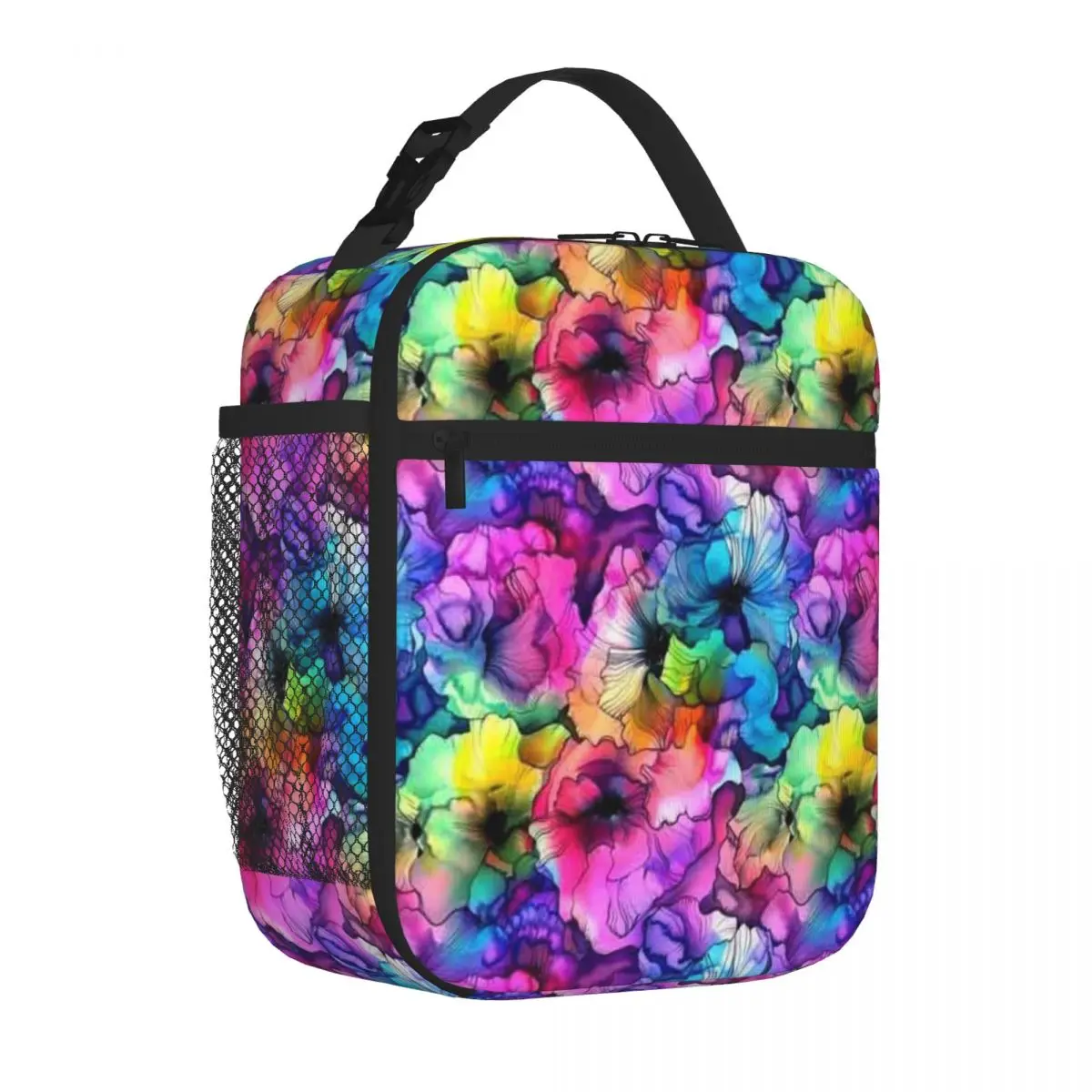 Bestselling Alcohol Ink-Style Colorful Wavy Floral Digital Designs Industrial Style Travel Lunch Bag Rv Travel Kids Lunch Bag