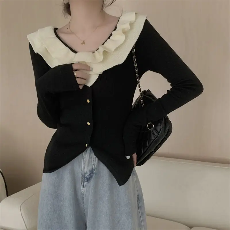 Sweet and Spicy Retro Chic Doll Neck Ruffle Edge Spliced Sweater Knitted Sweater for Women Short Style Inner Layer Top