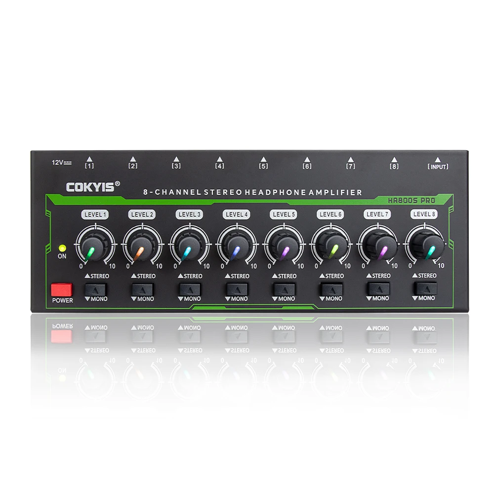 HA800S-PRO 8-Channel Headphone Amplifier with RGB Lighting Ultra-Low Noise High Fidelity Audio for Professional Studio Use