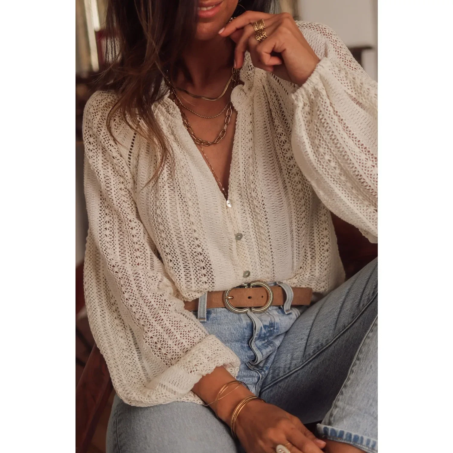 TEELYNN Boho Beach Hollow Out Lace Blouse Shirt for Women Top Vintage Long Sleeve Blouses Summer Casual Elegant Ladies Blusas