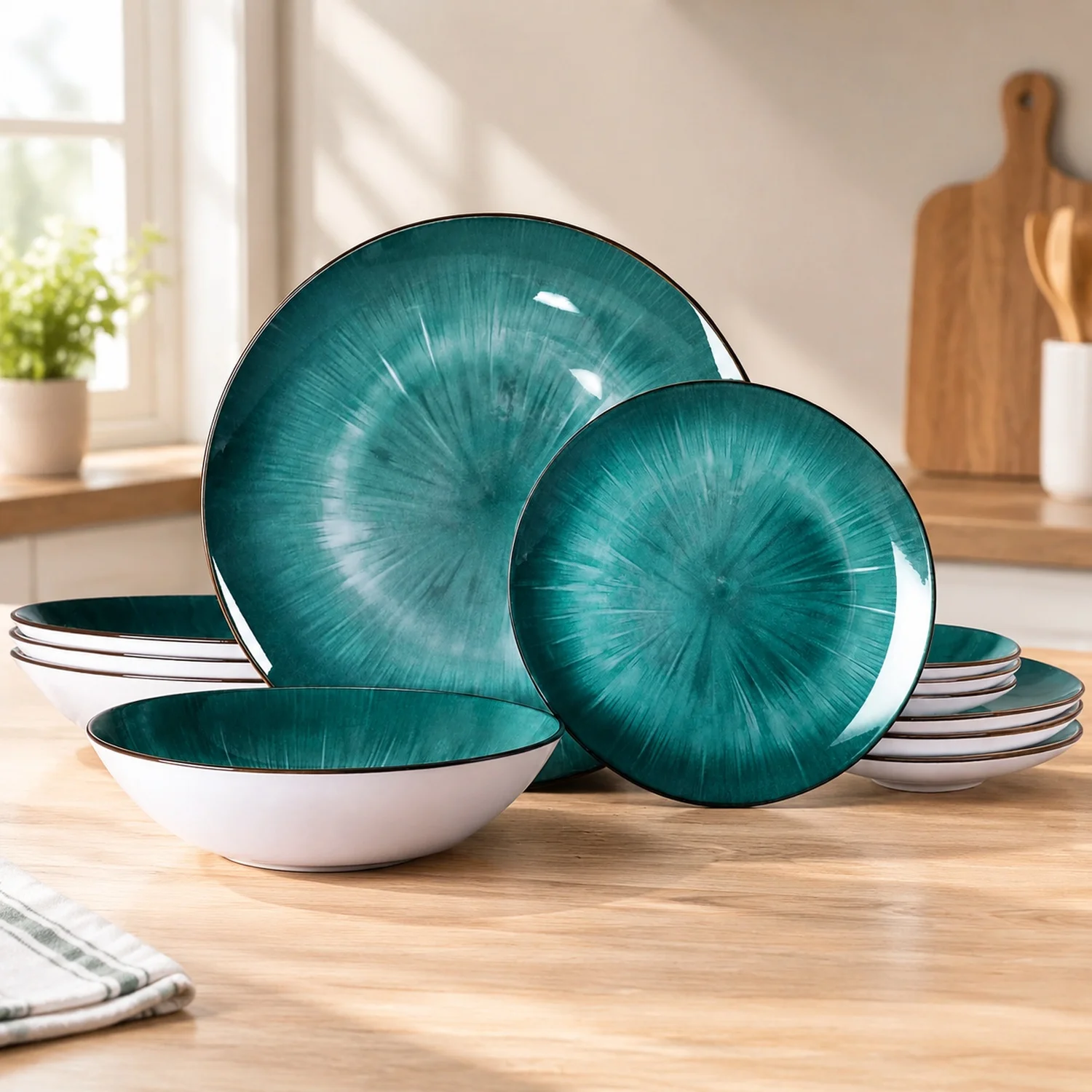 12 Piece Round Kitchen Dinnerware Sets,Plates and Bowls,Dishes,Service for 4, Chip Resistant Porcelain,Starburst Turquoise Green