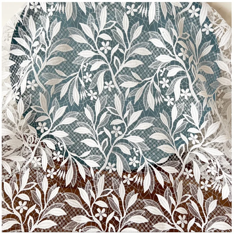 White Milk Silk Embroidered Lace Thick Fabric with Leaf Hollowed - Out Design for Wedding Dresses Clothing Accessories
