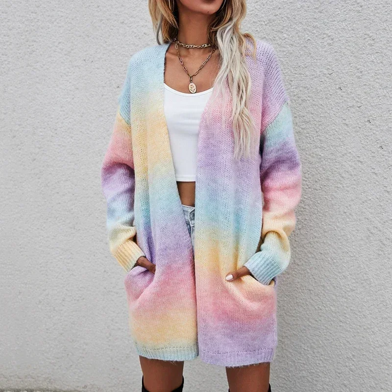 

TPJB Autumn Vintage Cardigans Winter Women's Sweater Pockets Rainbow Tie-dye Mid-length Cardigan Knitted Sweater Jacket