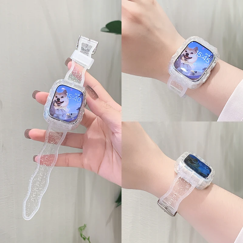 Clear Glitter Strap For Apple Watch Band 44mm 40 45 41 42 38mm Protective Case iWatch 8 Ultra 7 SE 3 5 6 Wave Silicone Bracelet