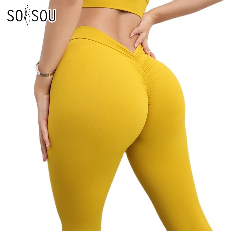 SOISOU New Nylon Yoga Leggings Women\'s Pants Gym Sport Fitness Outfit Women High Waist Elastic Tight Breathable V-shaped Hip