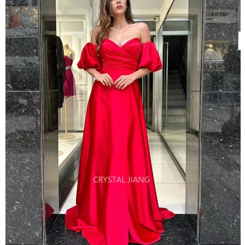 

Vintage Long Red Off the Shoulder Satin Evening Dresses Short Sleeves Lace Up A Line Sweep Train Vestidos De Festa