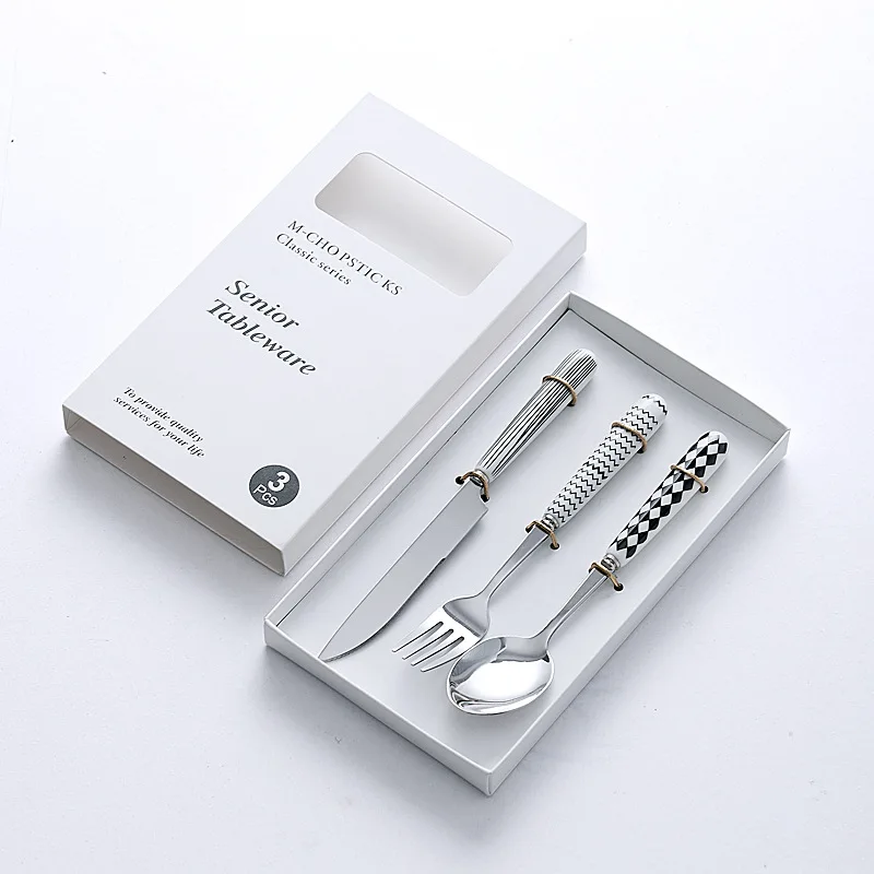 Vintage Hepburn style stainless steel tableware three piece set, knife, fork, spoon set, ceramic handle, fork, spoon gift box gi