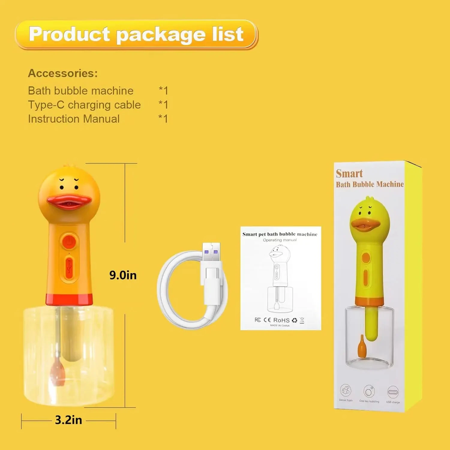 Yellow Duck Shape Cleaning Bath Electric Foam Dispenser USB Rechargeable Automatic Foam Dispenser for Cats and Dogs Pets