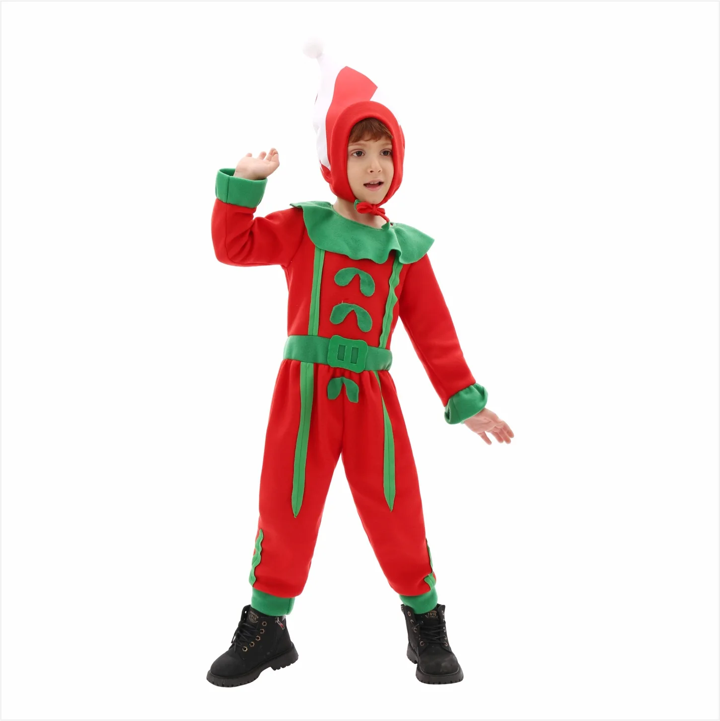 

Funny Christmas Santa Elf Costume Kids Green Elf Santa Claus Cosplay with Santa Hat Xmas Party Performance Boys Elf Jumpsuit