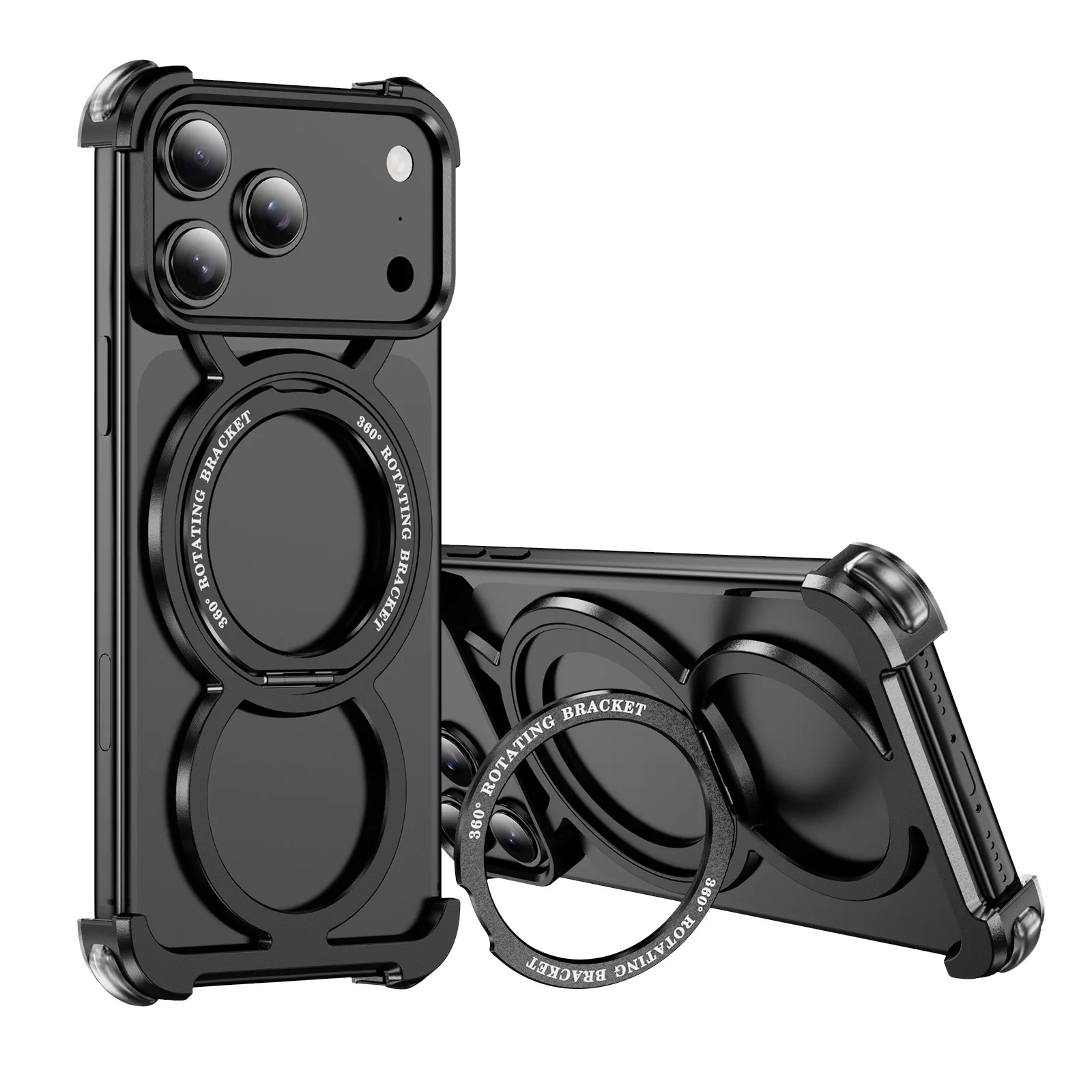 

360° Rotating Ring Stand Phone Case，for iPhone 17 16 15 14 Pro Max Frameless Magnetic Metal Bumper Shockproof Cover