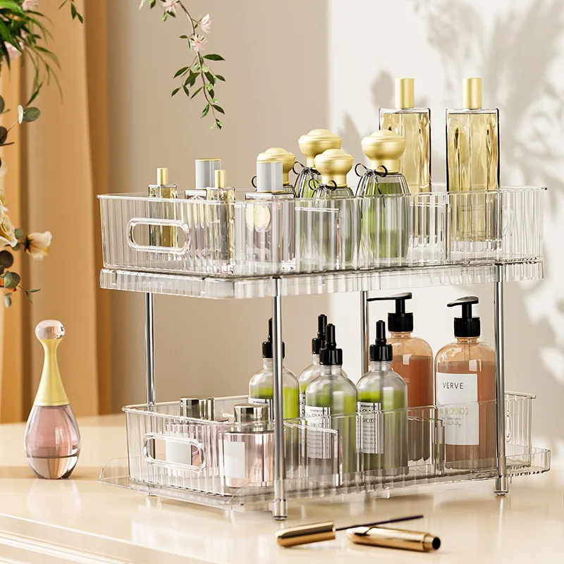 Double layer pull-out cosmetic storage transparent drawer style kitchen desktop storage shelf