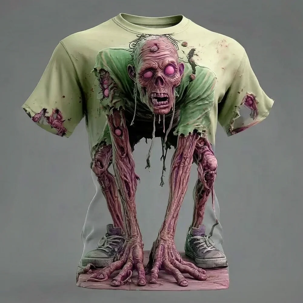 2026 Horror Zombie 3D Halloween Visual Illusion Men's T-Shirt Outdoor Street Role-Play Men Casual Short-Sleeved Shirt Moto