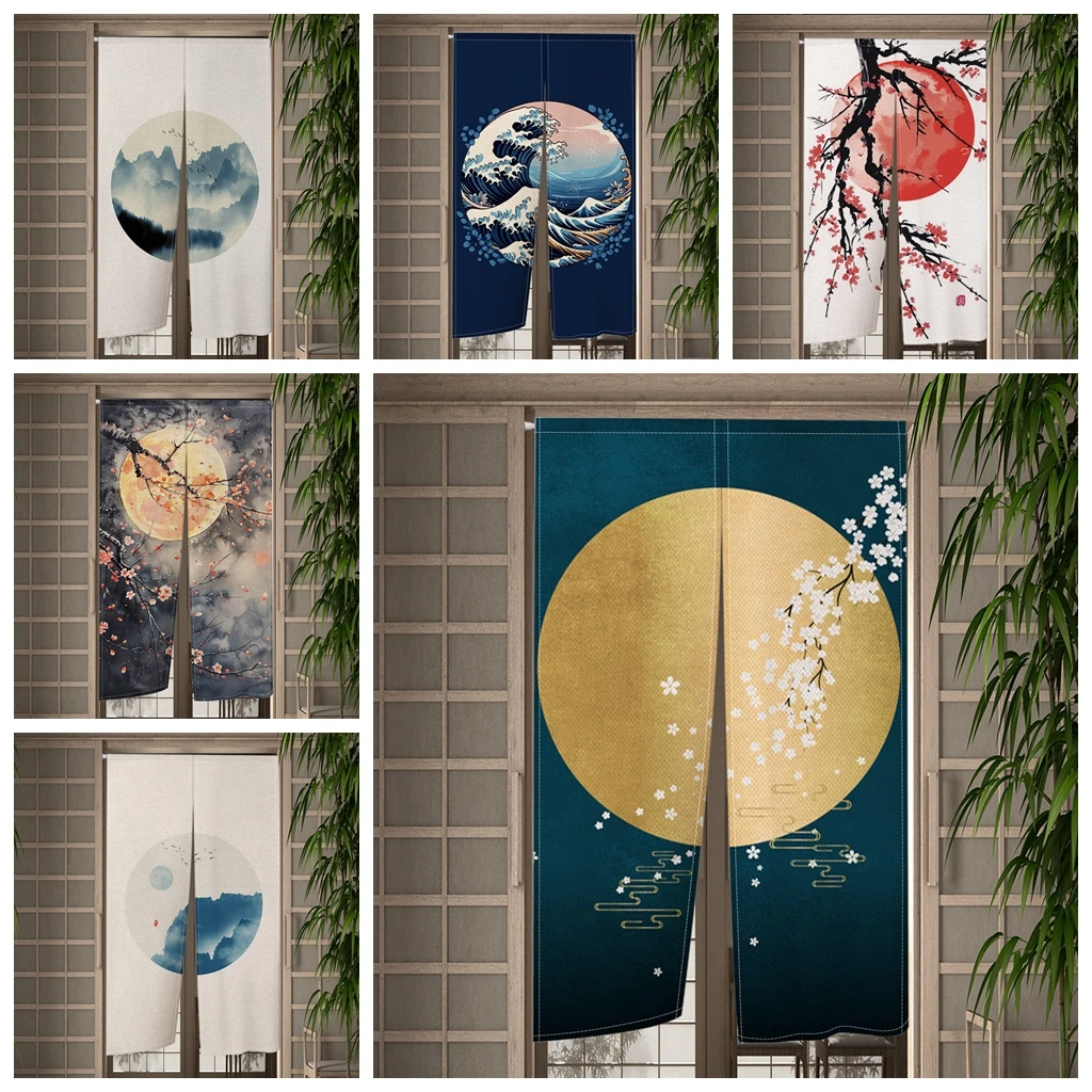 Waves Moon Linen Door Curtain Japanese Style Living Room Partition Bedroom Kitchen Staircase Entrance Hanging Half-split Curtain
