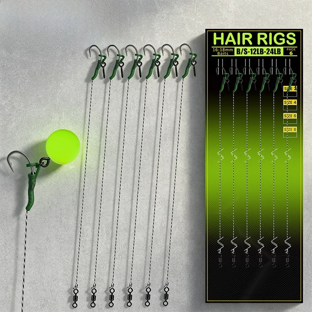 Carp Fishing Pre-Tied Hair Rigs 6pcs Built with Stainless Steel Barbed Deflector Hooks for Consistent Anti-Twist Performance