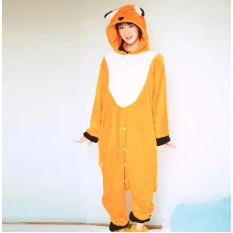HKSNG Adult Flannel Kigurumi Fox Onesies Cartoon Pajamas Animal Halloween Party Costume Jumpsuits Hooded Pyjamas Suit