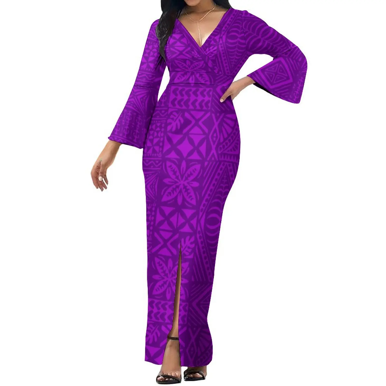 Custom V-Neck Long Sleeve Dress For Women Sexy Slim-Fit Slit Skirt And Hawaiian Aloha Shirt For Men Polynesian Islands