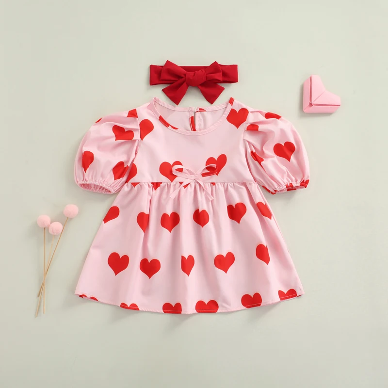 

Baby Girls Summer Dress with Bow Headband Heart Printed Short Puff Sleeve Crew Neck Dress Girls Princess Style