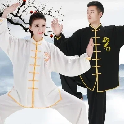 New Embroidery Dragon Chinese Kung Fu Uniform Women Wushu Martial Art Sets Men Long Sleeve Tai Chi Outfit Sets Exercise Clothing