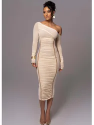 Articat Elegant Long Sleeved Mesh Patchwork Dress For Women Elastic Tight Double Layered Vestidos Sheath Party Evening Dress2024