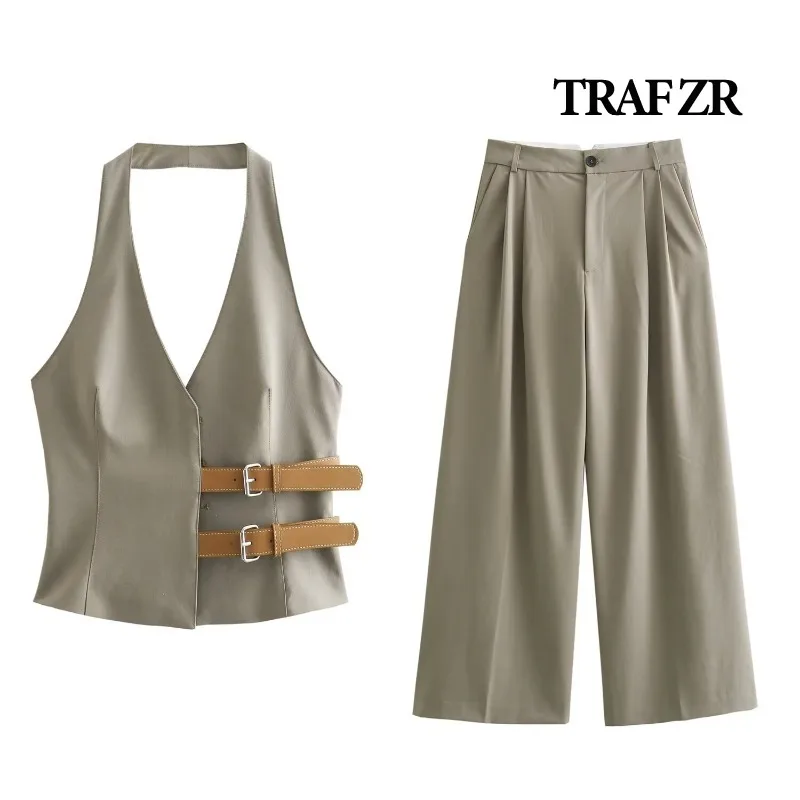 TRAF ZR Sets for Women 2 Pieces Spring 2024 Vest Pants Set Women Vintage Y2k Casual Summer Women\'s Suit Vacation Outfits