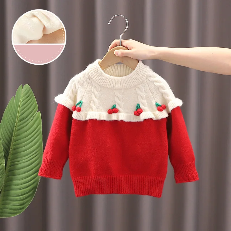 

Детский осенне-зимний свитер для девочек с бархатным утеплителем, теплые пуловеры для девочек с красным соединением и круглым воротником для младенцев