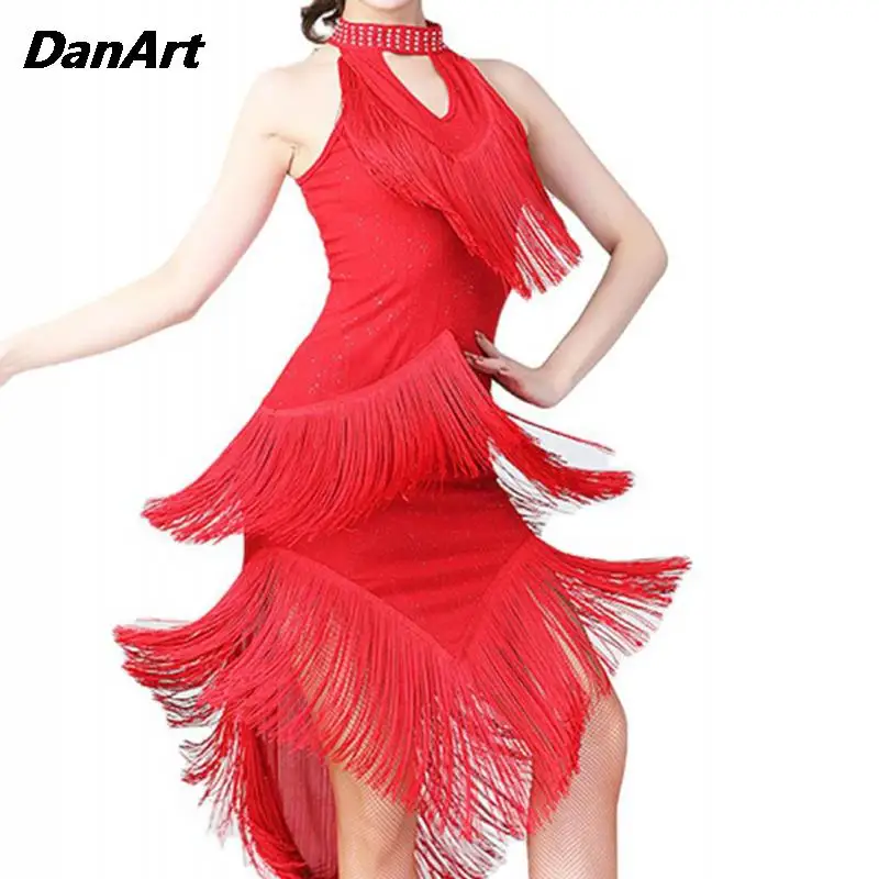 Latin Dance Competition Kleid Pailletten unregelmäßige Quaste Kleid sexy Bühne Performance Kleid Tanz Training Rock Göttin Kleidung