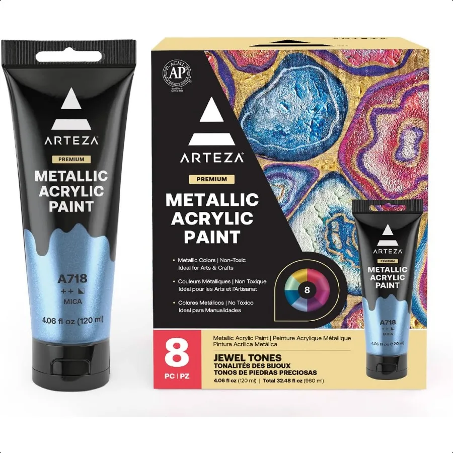 

Arteza Metallic Acrylic Paint Set of 8 Jewel Tones Colors in 4.06oz Tubes Rich Pigments Non Fading Paints for Artists and Hobby