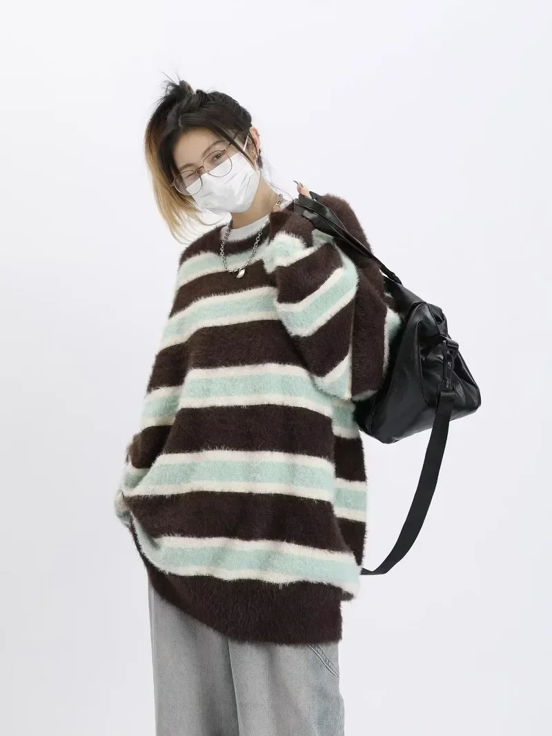 Y2k Striped Pullover Round Neck Sweater Women's Spring And Autumn Loose Korean Vintage Knitted Sweater Men's Couple Clothing