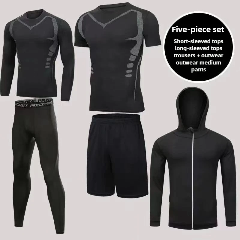 Set da allenamento da uomo ad asciugatura rapida da 5 pezzi: abbigliamento da palestra a compressione per corsa, allenamento e basket