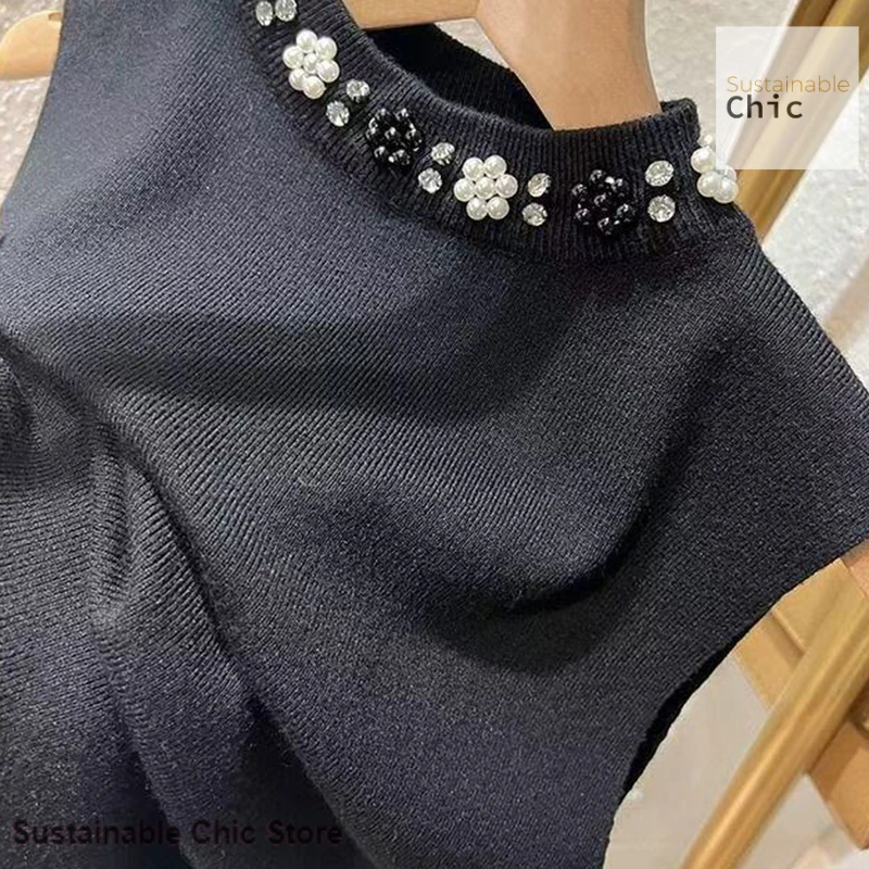 French ice silk with a high-grade suspender vest for women's summer and autumn new knitted slim collar beaded sleeveless top.