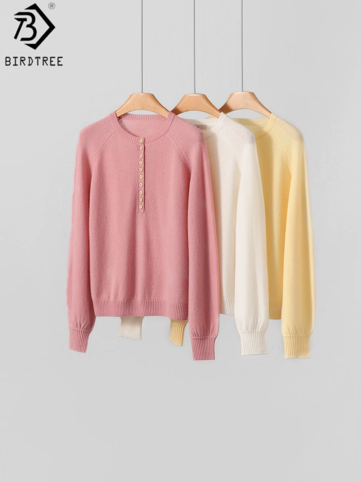 

Birdtree 90% Sheep Wool 10% Cashmere Half Cardigan,Woman Wool Blend Full Sleeve O-neck Knit Coat Sweater With Button T58929JF