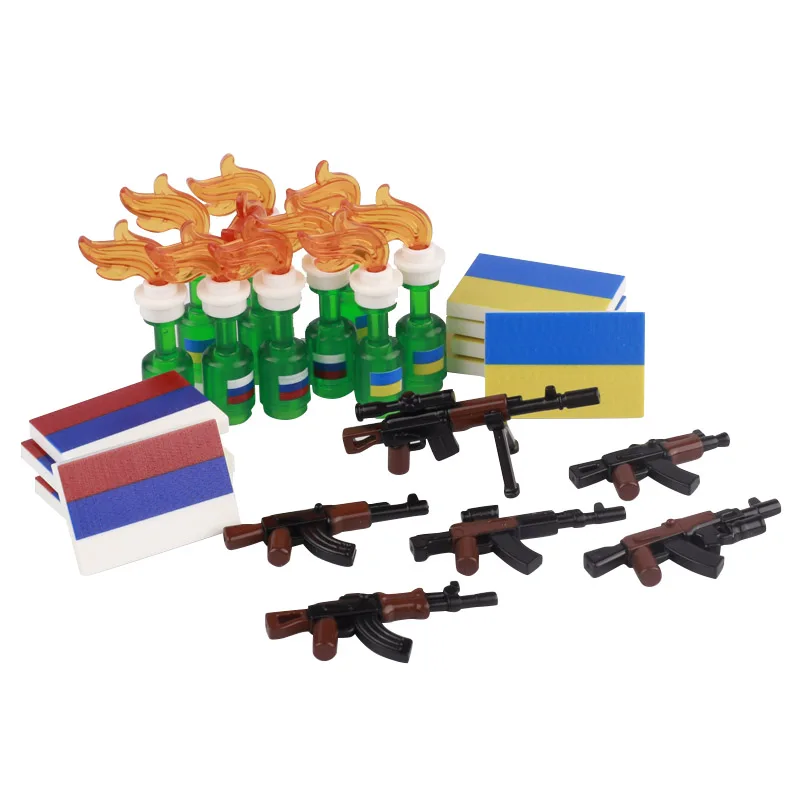 MOC Military Russia Soldier Figures Weapon Parts Building Block Ukraine Mini Flag Print Bricks 95228 Miniature Glass Bottle Toys