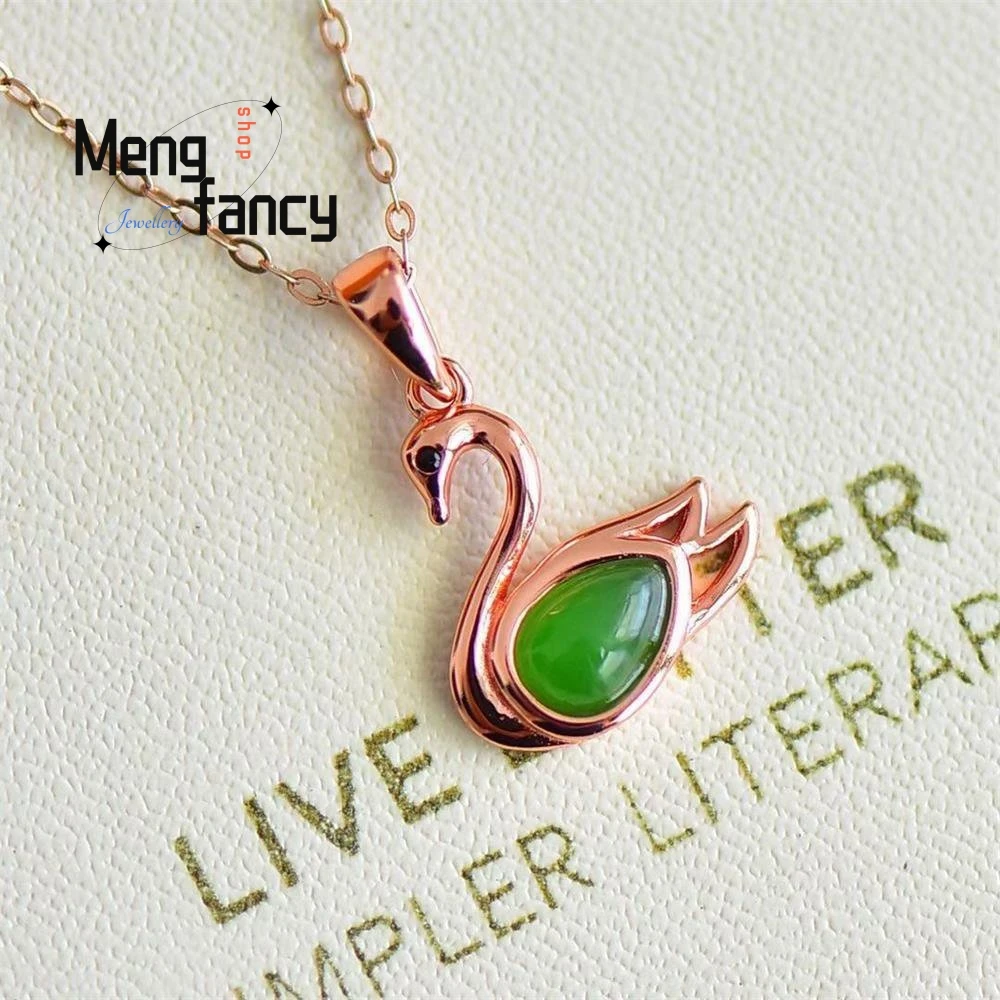 925 Silver Lnlaid Natural Hetian Jade Jasper Cygnet Customized Pendant Fashion Luxury Couple Jewelry Amulets Mascots Women Gifts