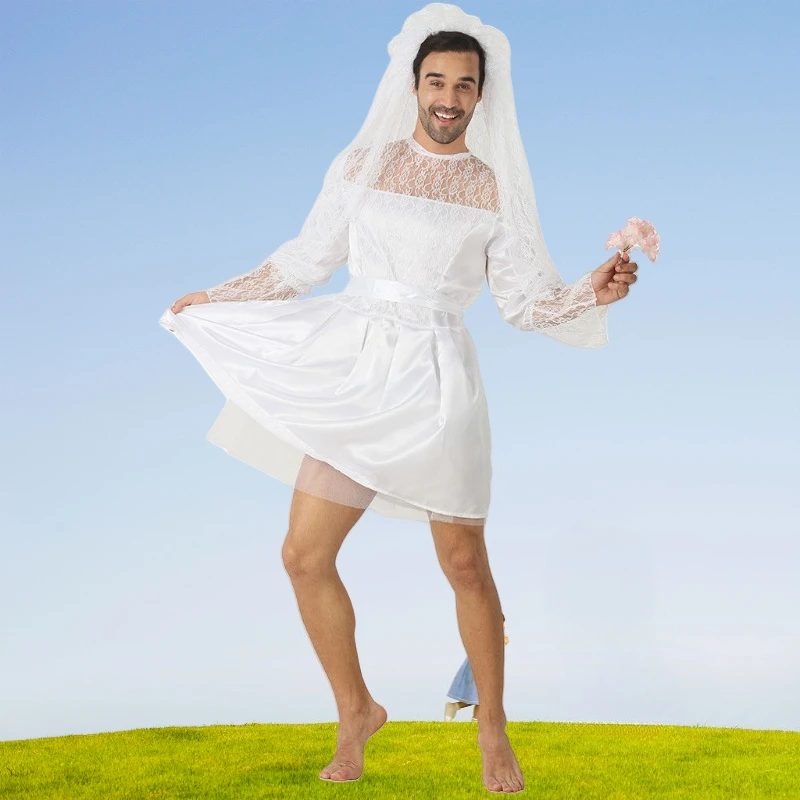 

Halloween Men Wedding Dress Festival Party Stage Performance Clothing Funny Role Play Outfit Bride White Costume for Adults