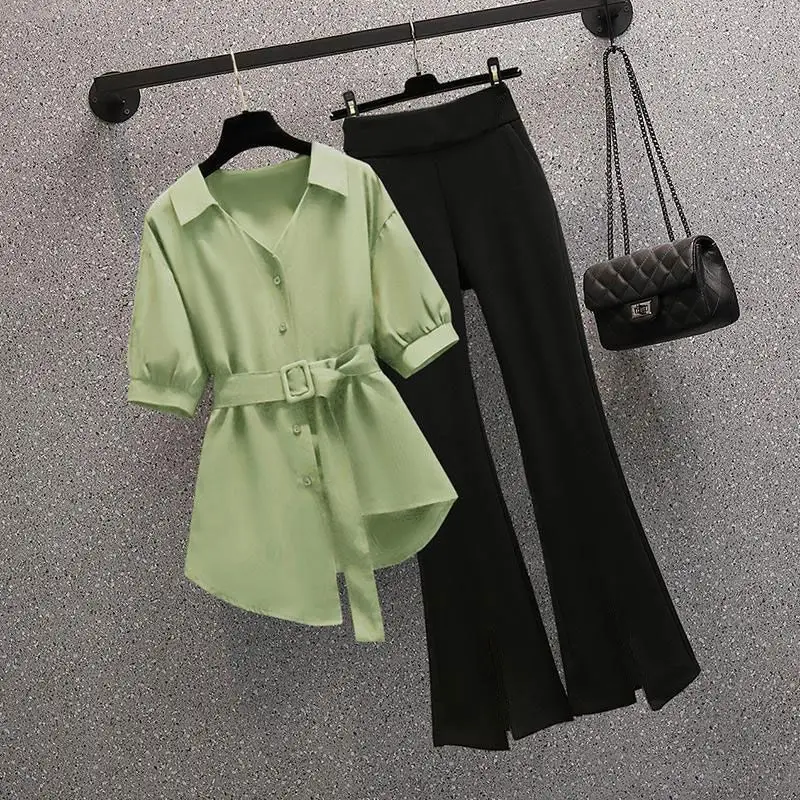 

Large Size Temperament Casual Short Sleeves Shirt and Micro Ragged Pants for Women's Summer Slimming Commuting Two Piece Set