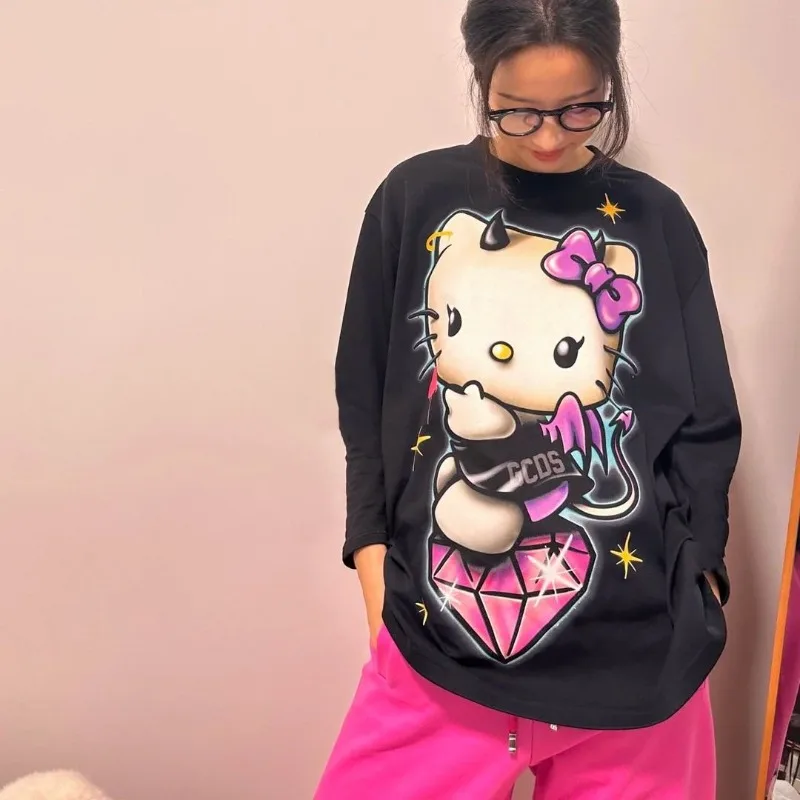 

Korean Vintage Cotton High Street Fun Hello Kitty Printed Long Sleeved Tshirt for Men's and Women's Black Graphic T Shirts Tops