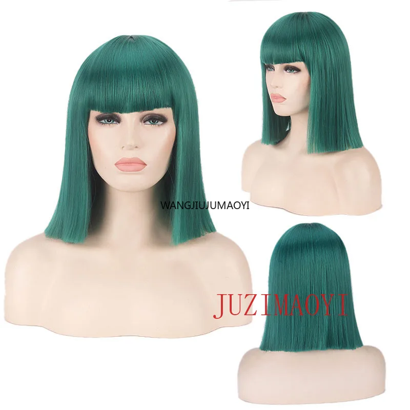 여성용 합성 스트레이트 숏 보브 가발 앞머리 포함 블루 골든 레드 블랙 화이트 퍼플 그린 브라운 코스프레 가발 보보