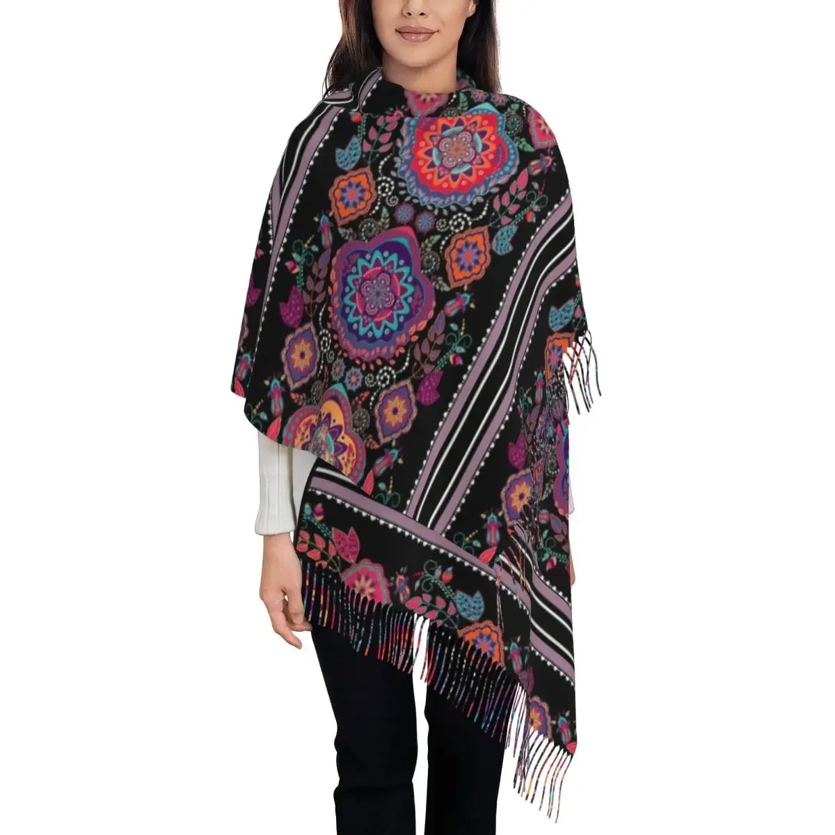 Women's Scarf with Tassel Art Mandala Hippie Bohemian Large Winter Warm Shawl and Wrap Psychedelic Daily Wear Pashmina Scarves