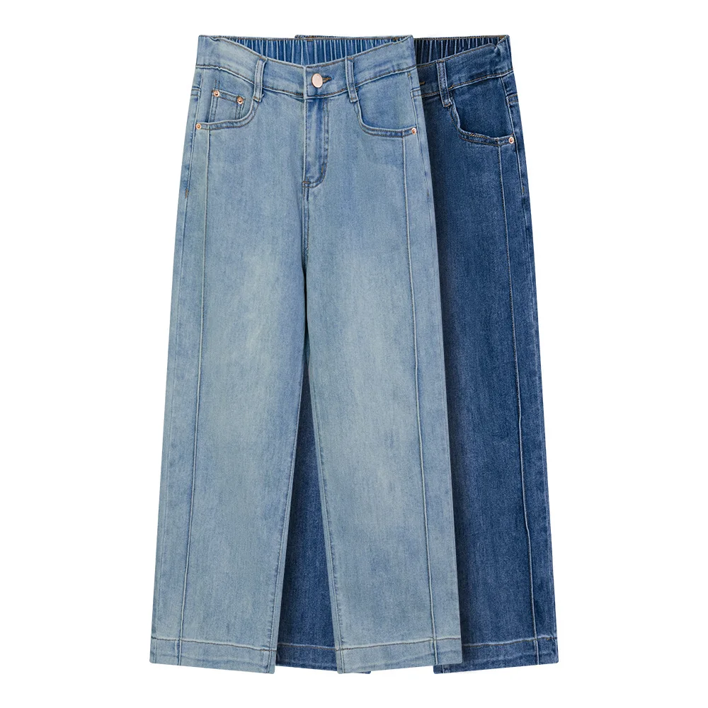 2026 Summer Plus Size Pipe Straight Stretch Denim Ankle Length Pants Elastic Waist Slim Casual Jeans Curvy Ladies 2519