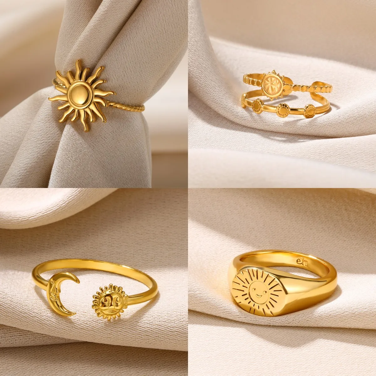 Classic Gold Color Sun Moon Rings For Women Fashion Stainless Steel Jewelry Minimalism Opal Open Ring Anniversary Gift 2024 New