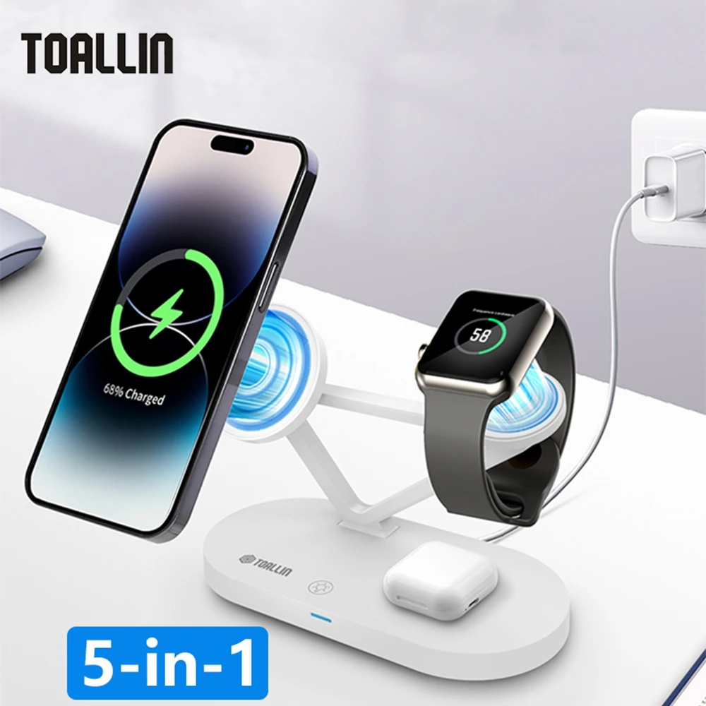 

TOALLIN iphone16 Wireless Charger Stand 5-in-1 Magsafe Charging Station Qi2 for iPhone 15/14/13/12 Pro Max, Apple Watch, AirPods