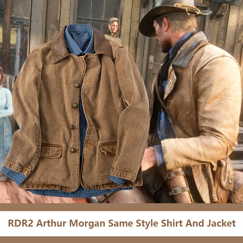 Gra RDR2 Arthur Morgan kurtka w tym samym stylu zachodnie dżinsy kostiumy Cosplay brązowa kurtka i niebieska koszula dla mężczyzny