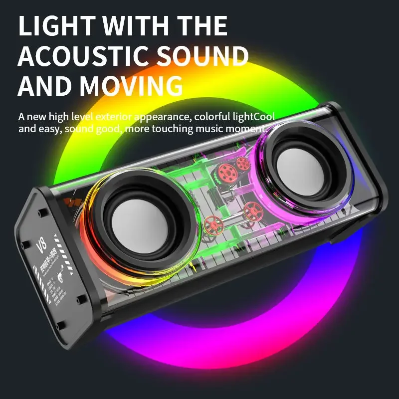 V8 Transparent Mecha TWS Bluetooth Speaker Portable Interconnected Colorful LED High-Power Subwoofer with Long Range